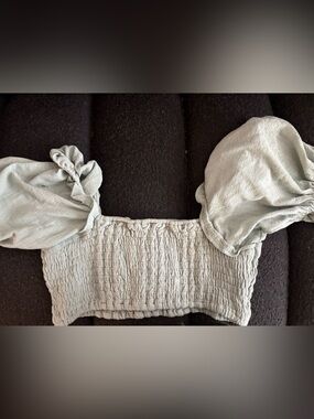 Free People Sage Green Smocked Off-Shoulder Crop Top
